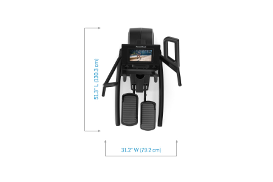 Black NordicTrack step climber with dual foot pedals, handles, and digital display screen, shown from front with dimensions