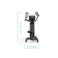 Black upright stepper exercise machine with digital display and curved handles, shown with dimensions on white background