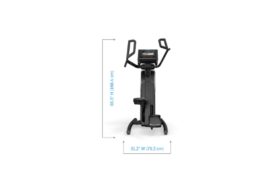 Black upright stepper exercise machine with digital display and curved handles, shown with dimensions on white background