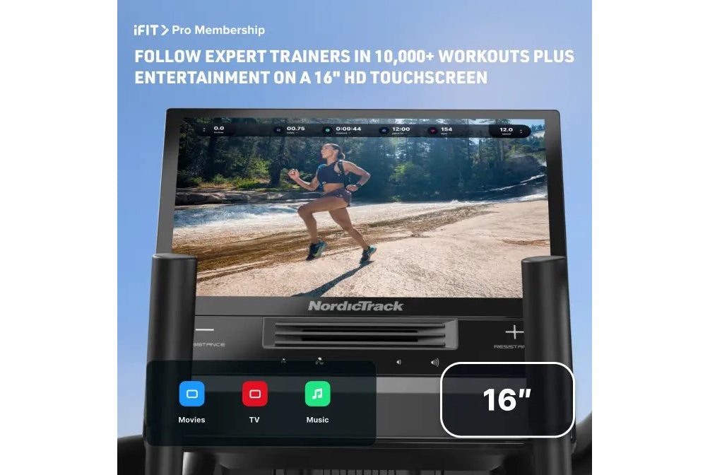NordicTrack Step Climber XL with 16" HD touchscreen displaying fitness workout video, black frame on blue background