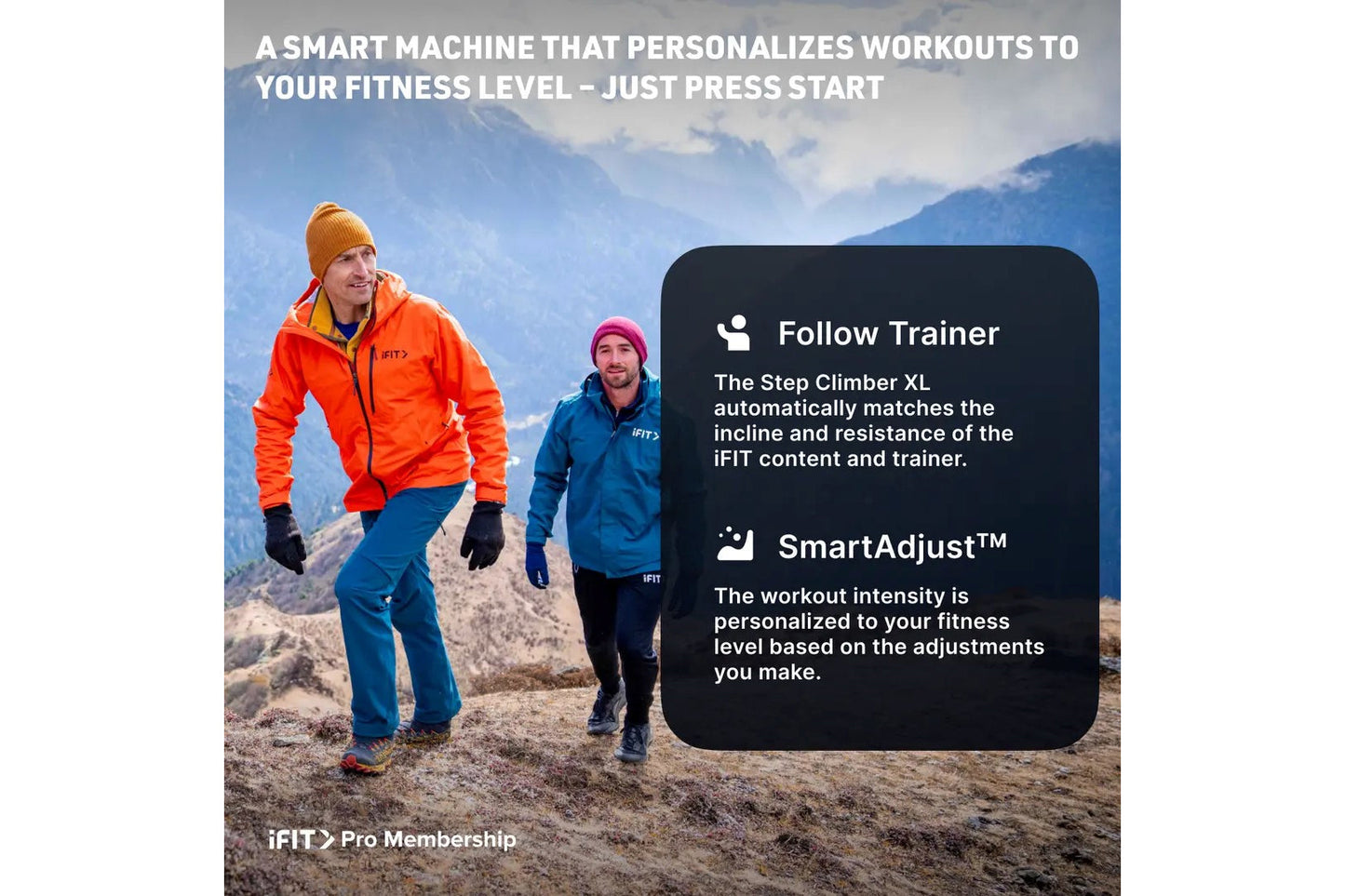 Two people wearing iFIT branded athletic jackets exercising outdoors on a mountain with text describing Step Climber XL featu