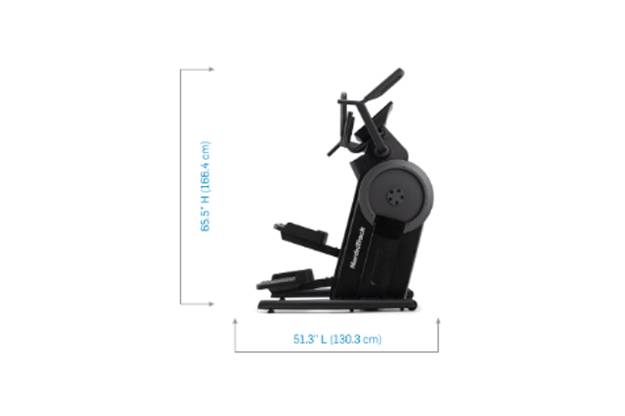 Black NordicTrack Step Climber XL exercise machine with footpedals and handlebar, shown with dimensions on white background