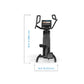 Black upright step climber with dual handles and digital display, shown with dimensions on white background