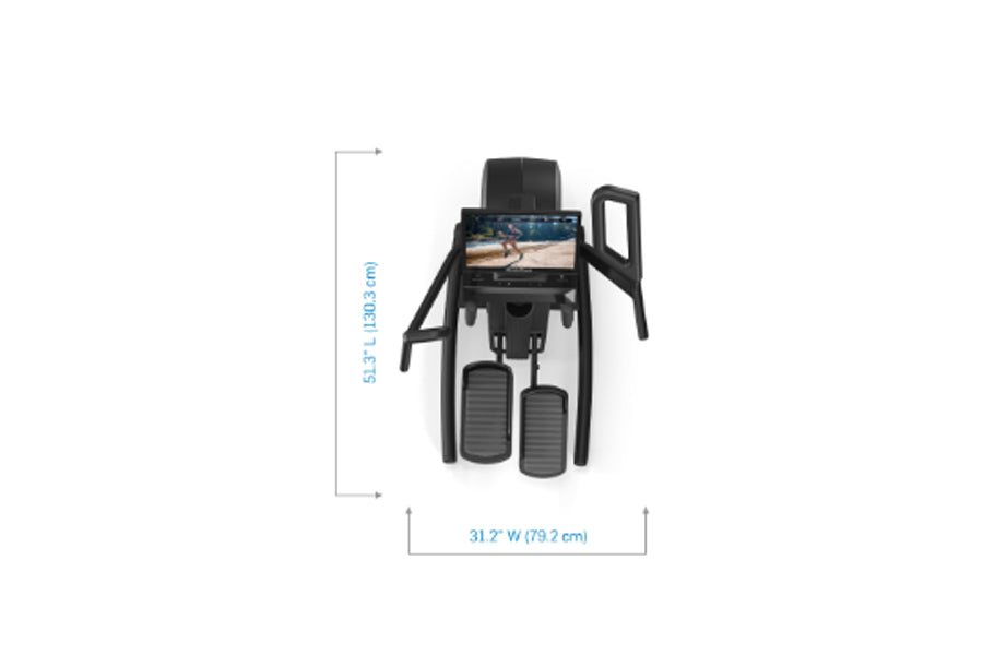 Black step climber machine with dual foot pedals, touchscreen display, and handlebar arms, viewed from above on white backgro