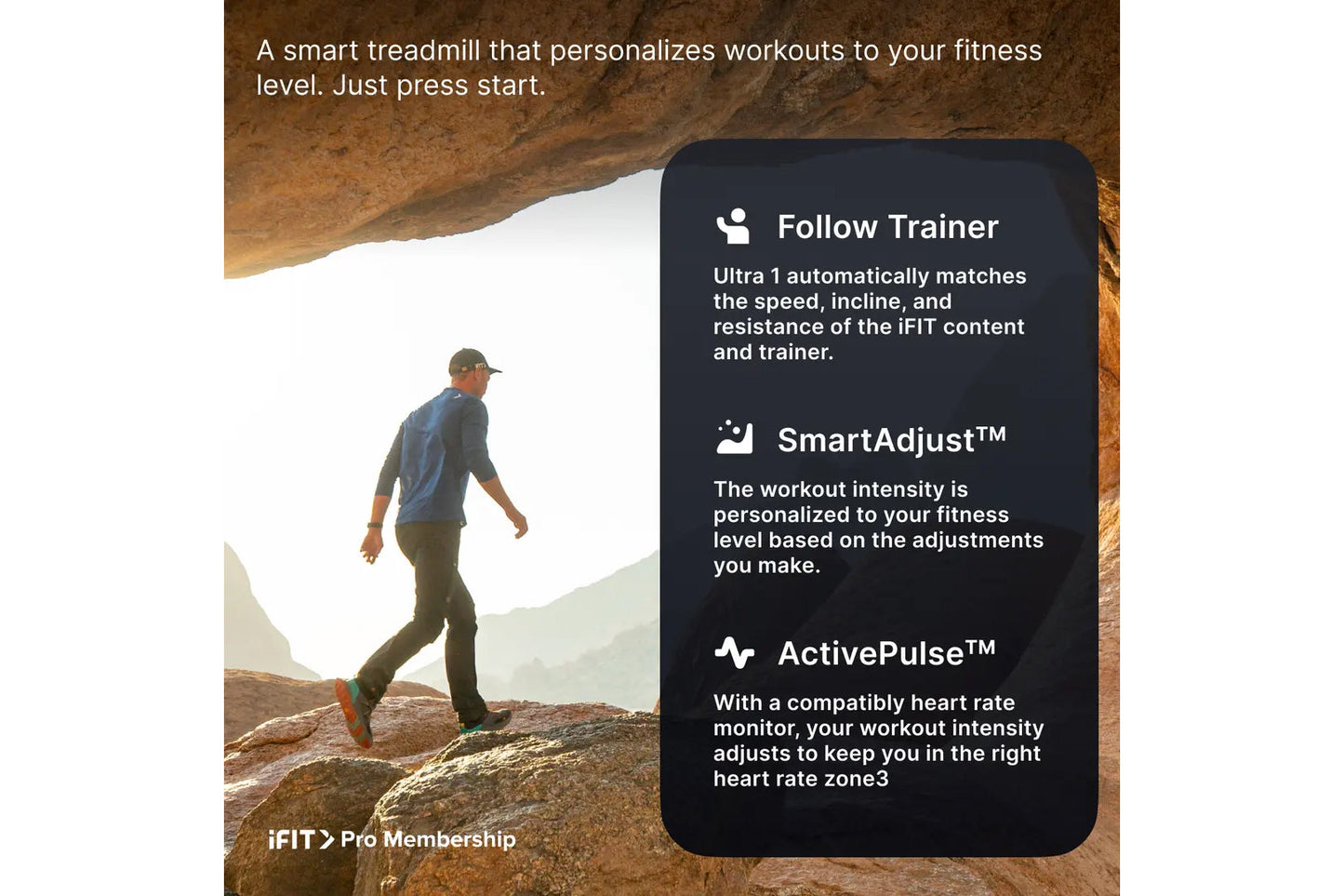 Man jogging outdoors on rocky terrain wearing blue jacket and cap, with smartphone displaying smart treadmill features includ