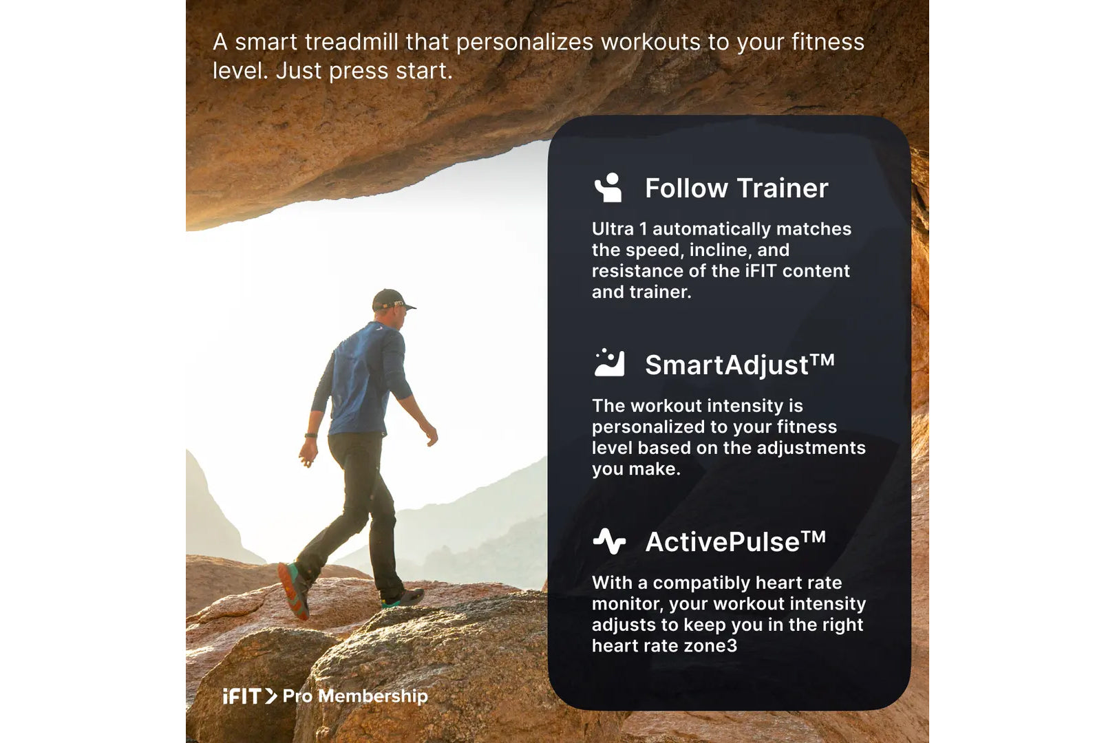 Man jogging outdoors on rocky terrain wearing blue jacket and cap, with smartphone displaying smart treadmill features includ