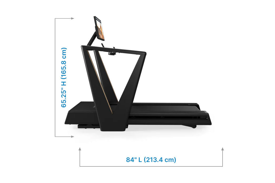 Black NordicTrack Ultra 3 treadmill with angled frame, tablet holder, and black running belt, shown with dimensions 84"L x 65