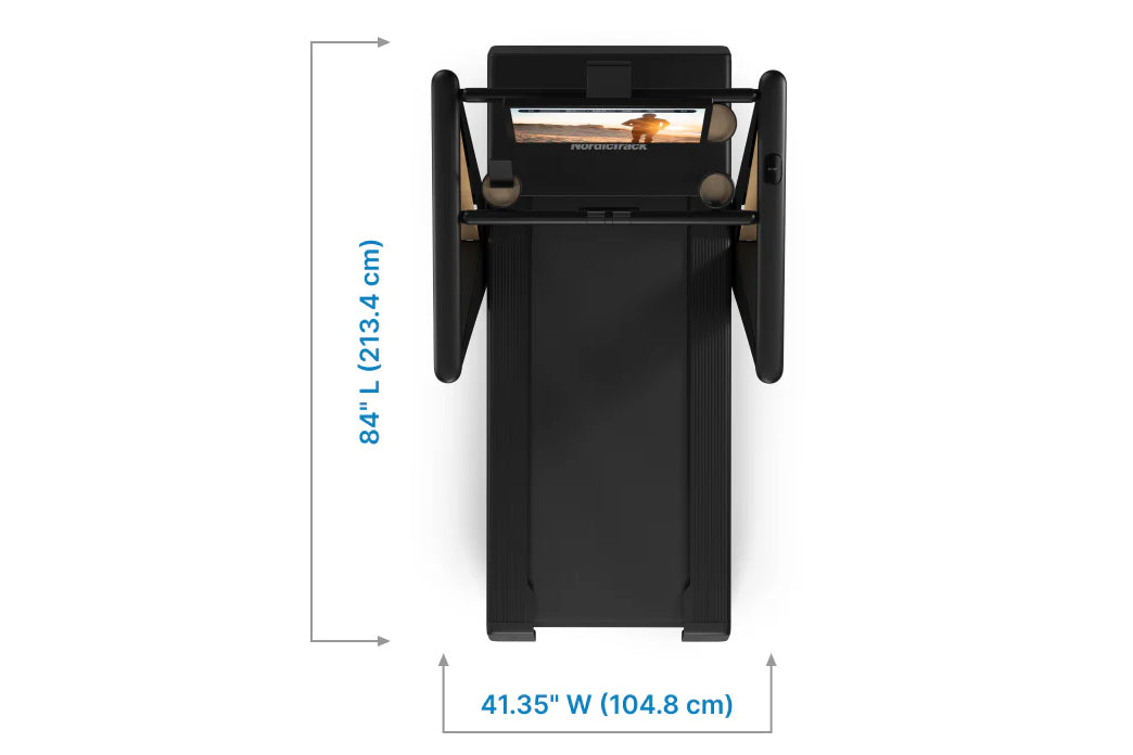 Black NordicTrack Ultra 3 treadmill with cushioned running deck, dual handrails, and digital display, overhead view showing 8
