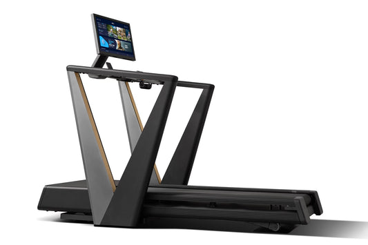 NordicTrack Ultra 3 treadmill with black and gray frame, touchscreen display mounted on stand, and running belt on white back