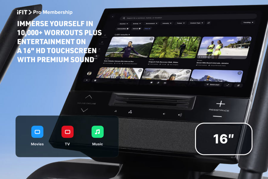 NordicTrack X16 elliptical with 16-inch HD touchscreen displaying iFIT Pro workout content, featuring Movies, TV, and Music a