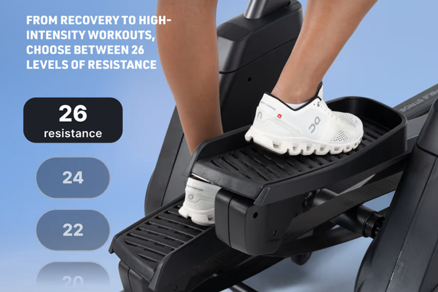 Person wearing white athletic shoes on black NordicTrack X16 elliptical machine with resistance level display on blue backgro