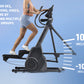Woman wearing blue shorts and white sneakers using black NordicTrack X16 elliptical machine with 10% incline and -10% decline