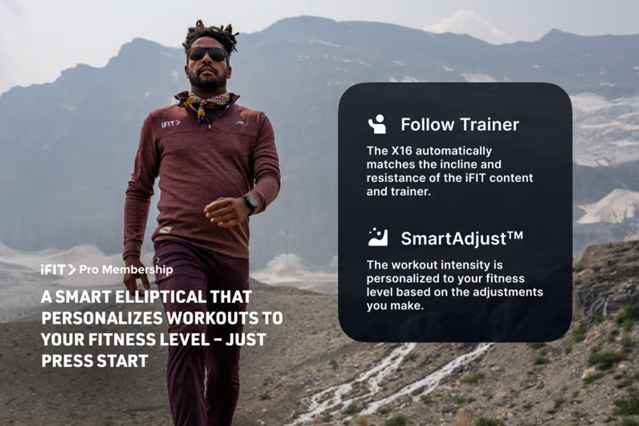 Man wearing burgundy iFIT Pro Membership pullover and sunglasses jogging outdoors with mountain landscape background, promoti
