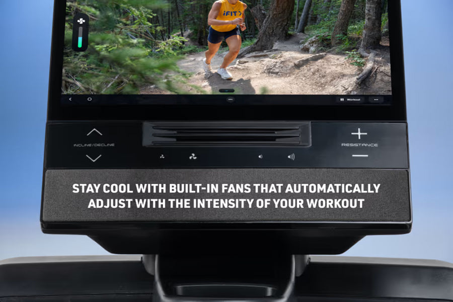 NordicTrack X16 Elliptical console displaying trail running workout video with built-in fan controls and resistance adjustmen