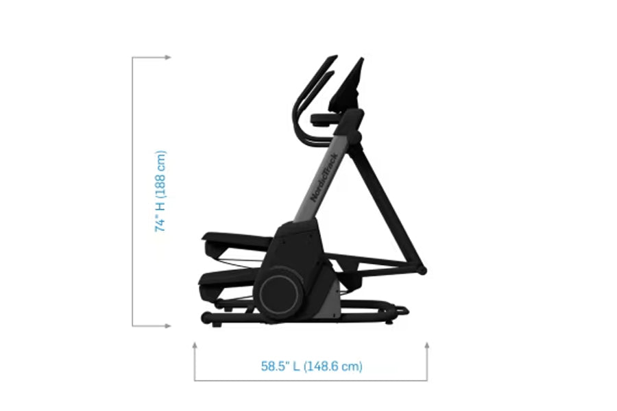 NordicTrack X16 black elliptical machine with curved handlebars and foot pedals, shown with dimensions 74"H x 58.5"L