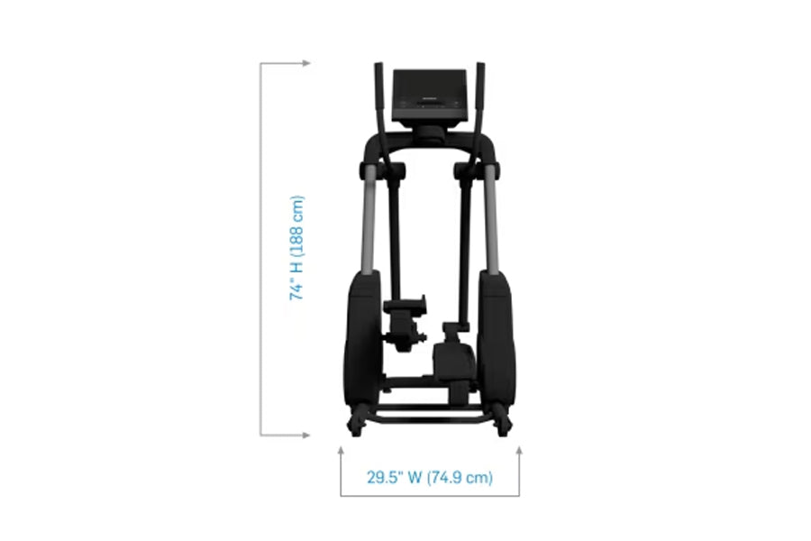 Black and gray NordicTrack X16 elliptical machine with digital display, shown from front view with dimensions 74" height by 2