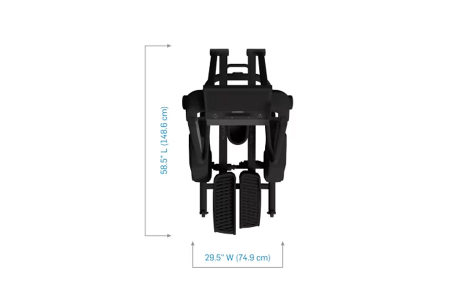 Black elliptical machine with dual handles and foot pedals, overhead view showing dimensions 58.5" height by 29.5" width