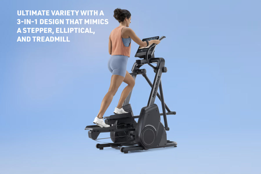 Woman using black 3-in-1 elliptical machine with digital display on blue background