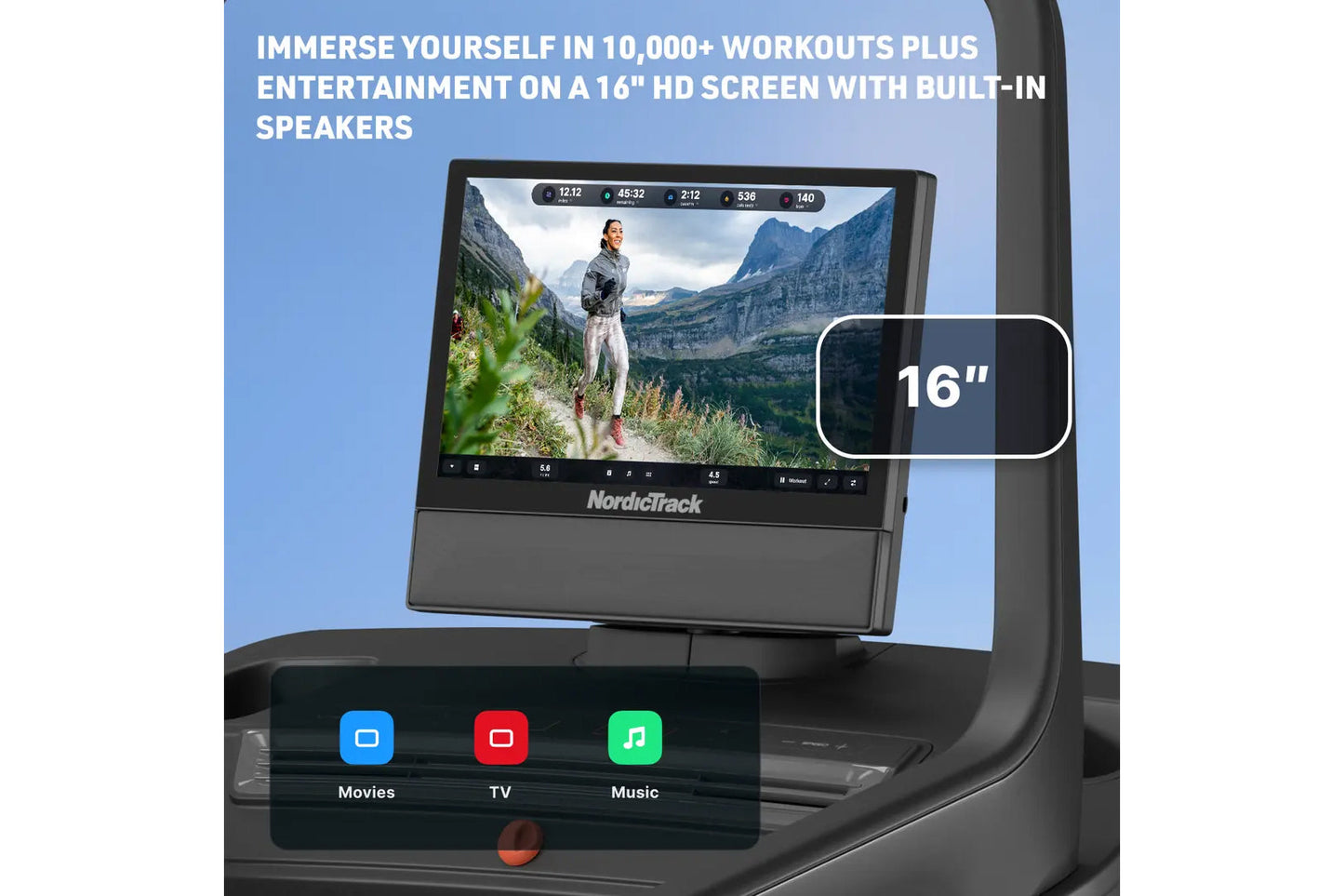 NordicTrack X16 treadmill with 16-inch HD touchscreen displaying workout content and built-in speakers, black frame on blue b
