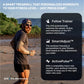 Man jogging on beach wearing dark t-shirt and shorts, demonstrating NordicTrack X16 treadmill features including Follow Train