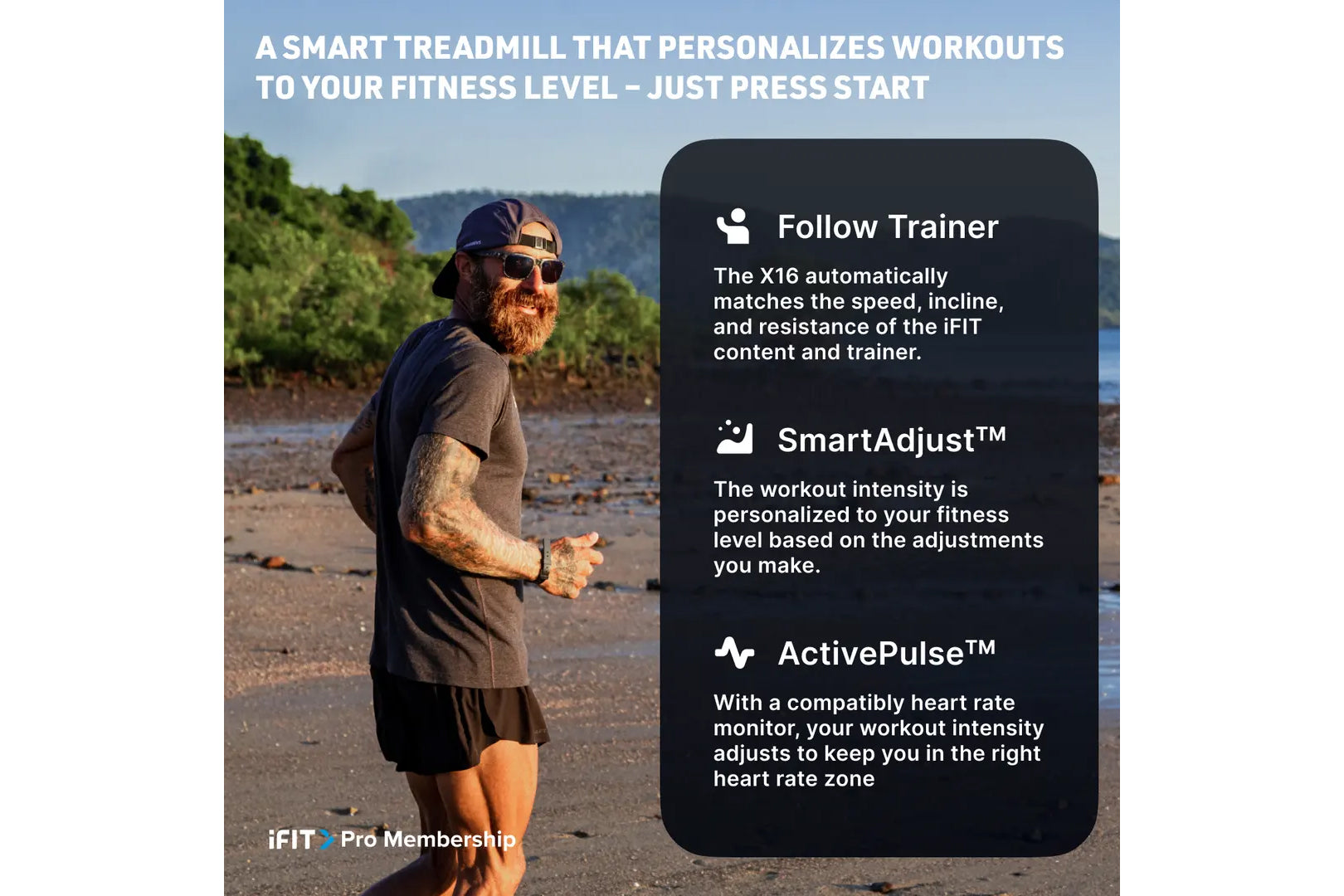 Man jogging on beach wearing dark t-shirt and shorts, demonstrating NordicTrack X16 treadmill features including Follow Train