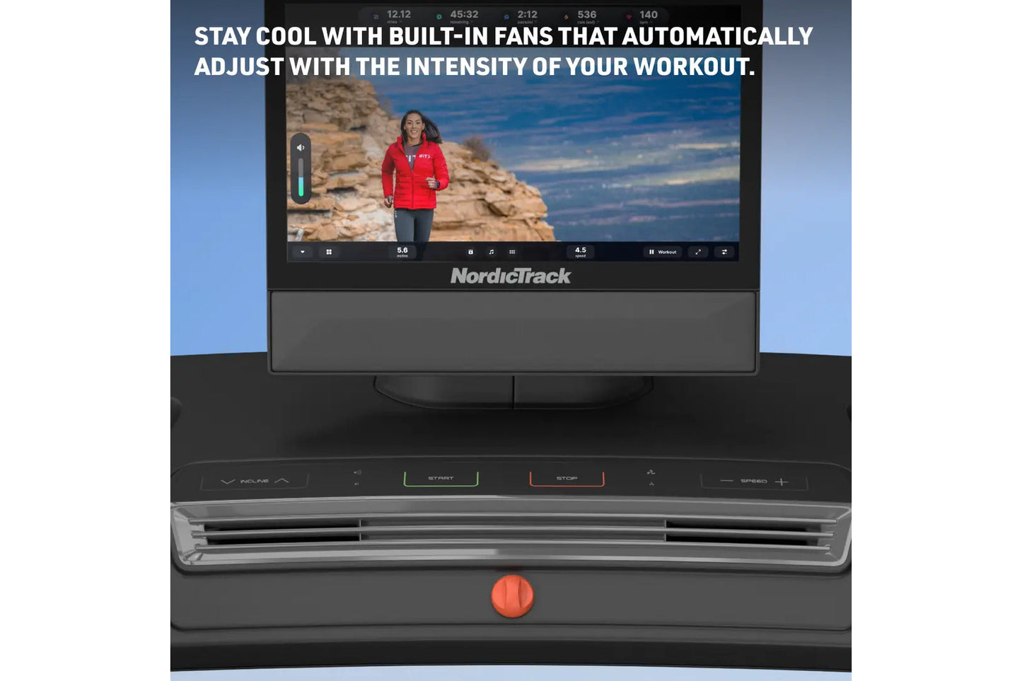 NordicTrack X16 treadmill with touchscreen display showing workout video, built-in fans, and control console with start/stop 