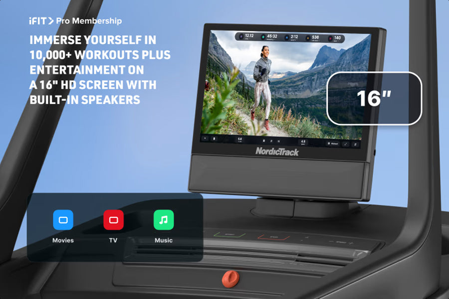 NordicTrack X16 treadmill with 16-inch HD touchscreen displaying fitness workout app, black frame with built-in speakers and 