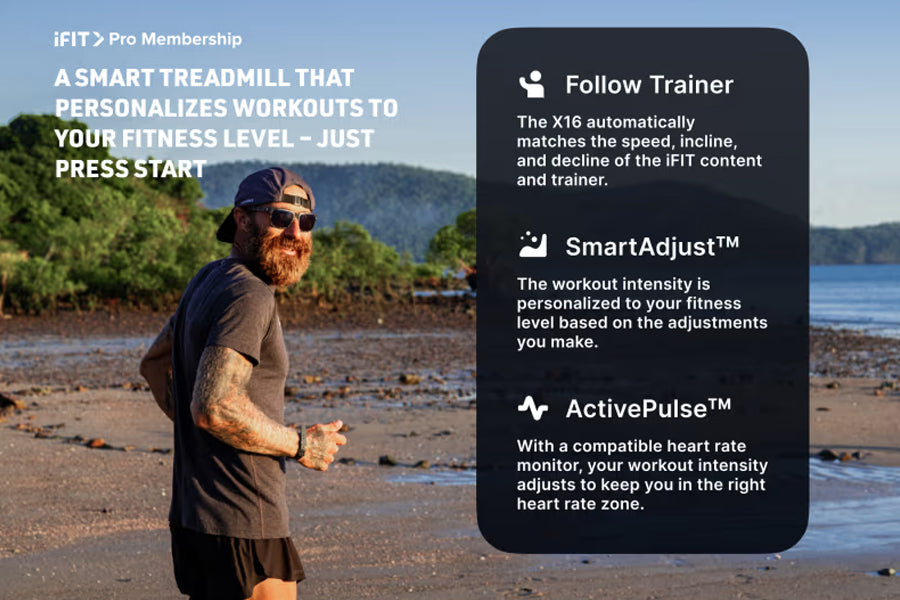 Man in black t-shirt and cap running on beach with mountains in background, promoting iFIT Pro Membership features for Nordic