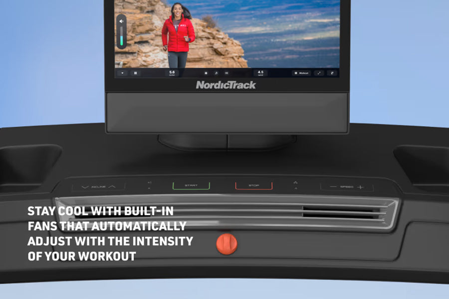 NordicTrack X16 treadmill with display screen showing woman in red jacket running outdoors, featuring built-in cooling fans a