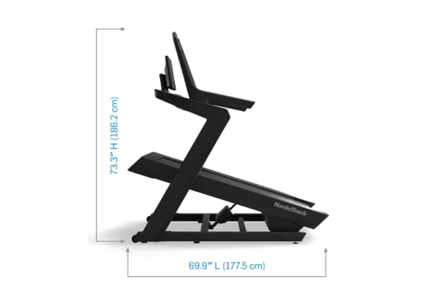 NordicTrack X16 black treadmill with incline deck and handrails, shown with dimensions 73.3" height by 69.9" length on white 