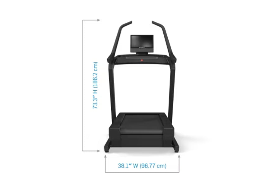 Black NordicTrack X16 treadmill with digital console, curved handrails, and wide running deck, shown with dimensions on white