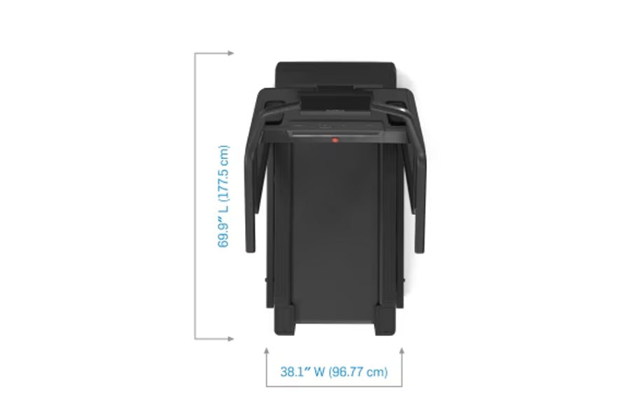 Black treadmill with folding arms, viewed from above, showing dimensions 69.9 inches height by 38.1 inches width