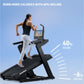 Woman running on black NordicTrack incline treadmill with digital screen against blue background