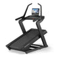Black NordicTrack X16 treadmill with curved running deck, angled frame, dual handles, and built-in tablet holder displaying f