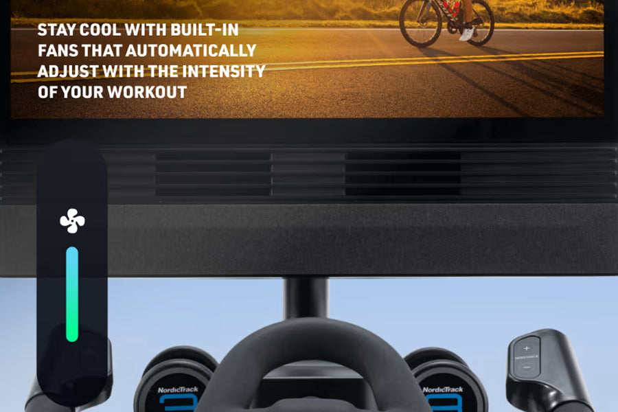 NordicTrack X24 indoor exercise bike with black frame, blue accents, and built-in cooling fan control shown with cyclist on r