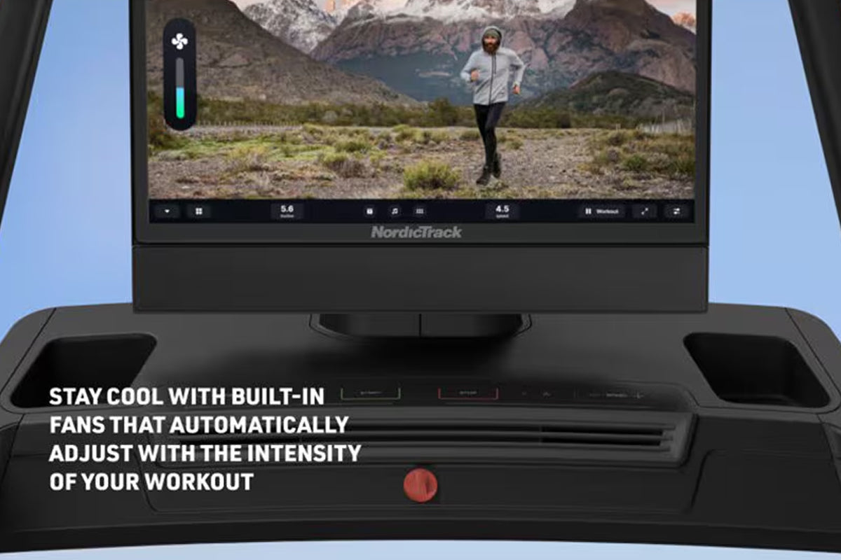 NordicTrack X24 treadmill with HD display showing runner in mountain landscape, black console with built-in cooling fans and 