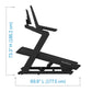 Black NordicTrack X24 treadmill with angled running deck and dual handlebars, shown with dimensions 73.3 inches height by 69.