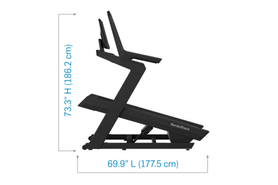 Black NordicTrack X24 treadmill with angled running deck and dual handlebars, shown with dimensions 73.3 inches height by 69.
