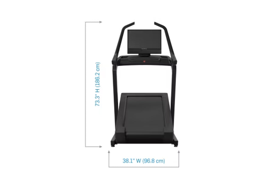 Black NordicTrack X24 treadmill with digital display screen and dual handles, shown front view with dimensions on white backg