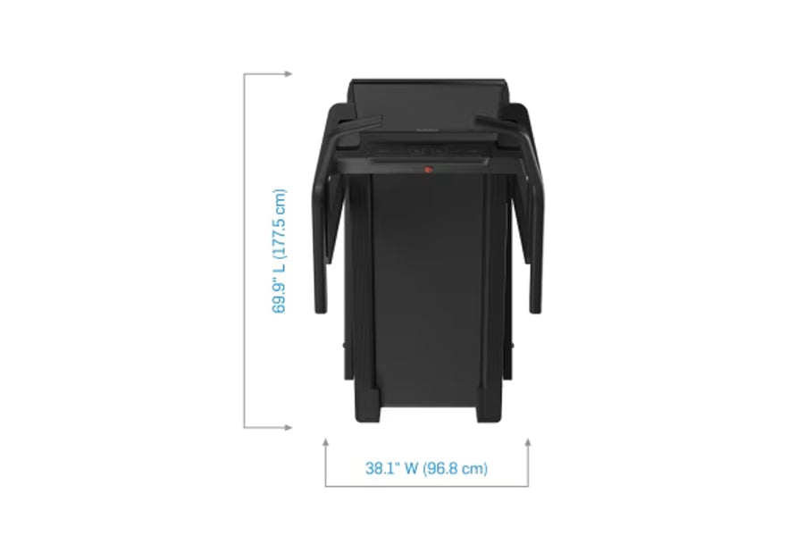 Black NordicTrack X24 treadmill with dual side handles shown from front view with dimension measurements on white background