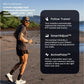Man jogging on beach wearing black shirt and shorts with iFIT training membership features displayed on dark overlay card