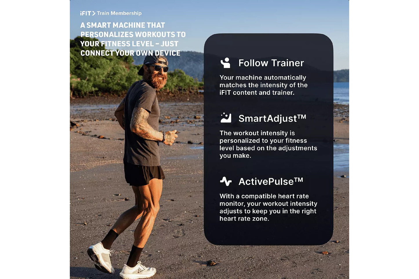 Man jogging on beach wearing black shirt and shorts with iFIT training membership features displayed on dark overlay card