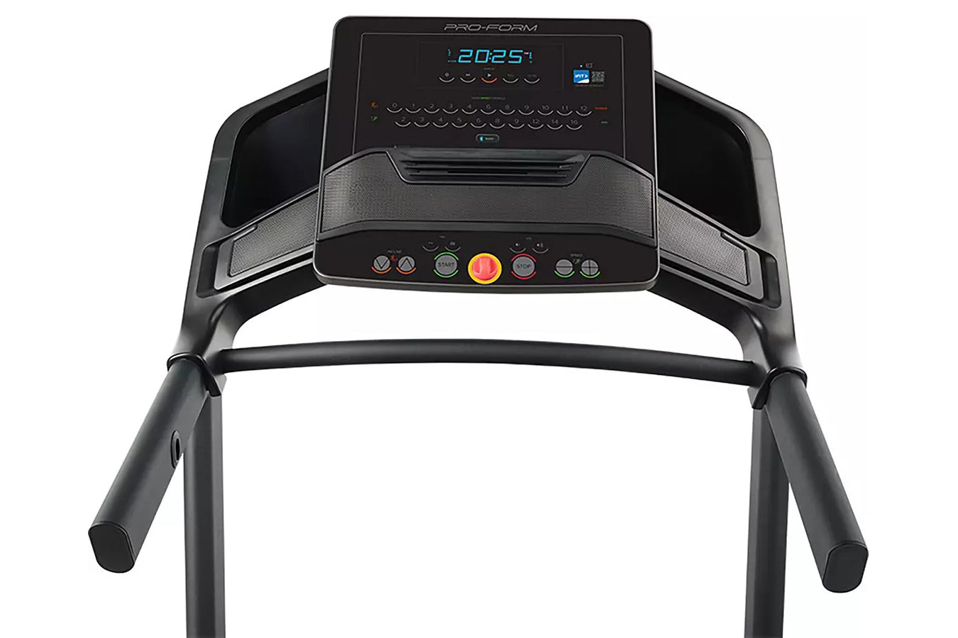 Pro-Form black treadmill with digital display showing 2025, control console with colored buttons, and dual handrails on white