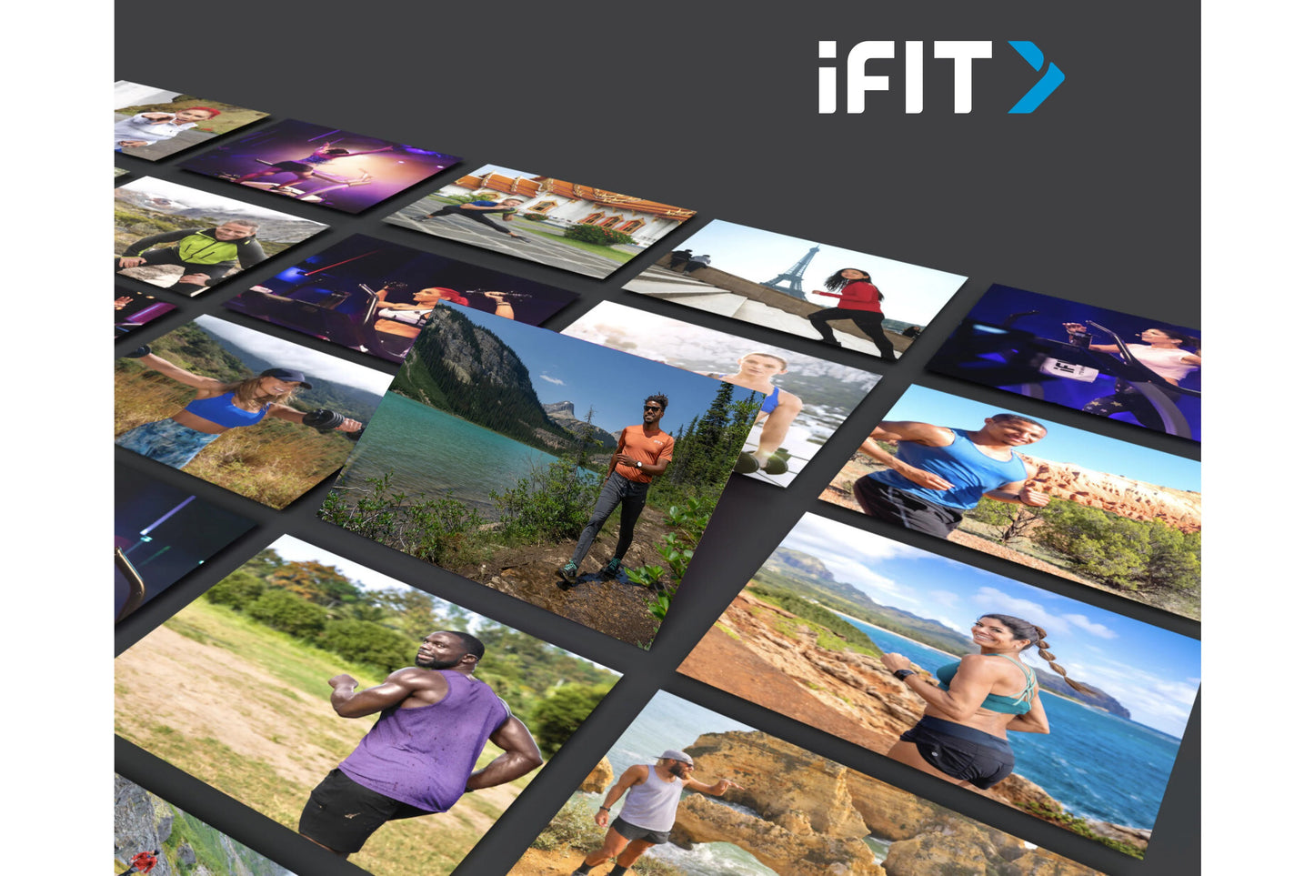 iFIT app promotional image showing a collage of on-demand workout classes and outdoor training sessions around the world