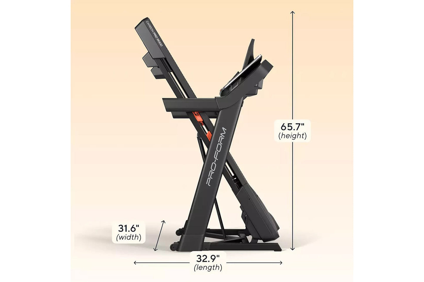 ProForm Carbon TLS black treadmill with digital display, 65.7" height, shown with dimension measurements on beige background