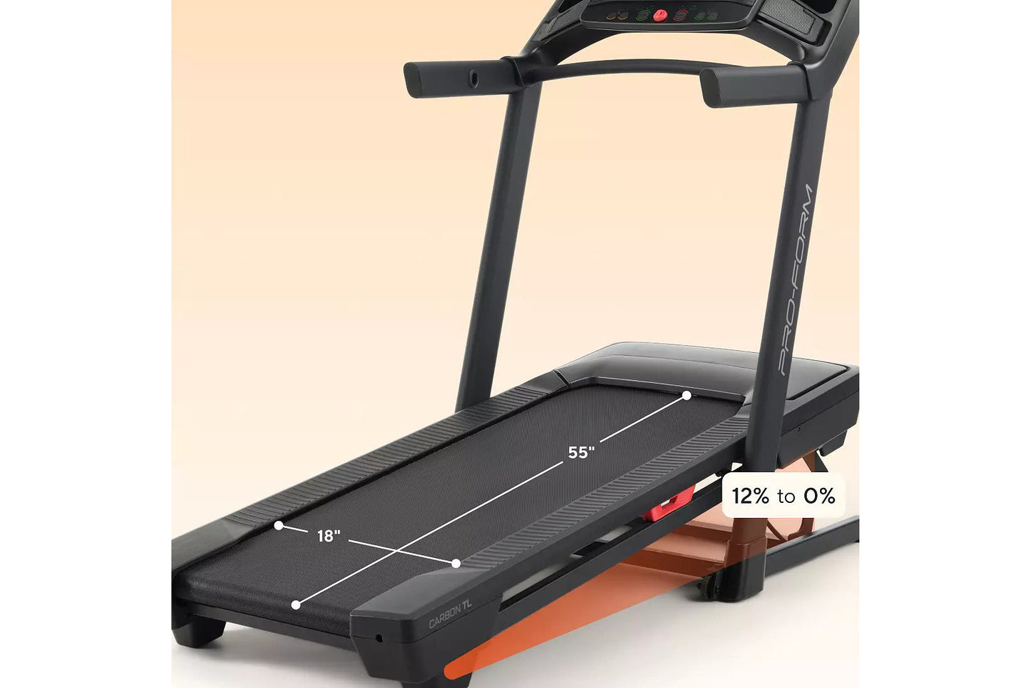 Black ProForm Carbon TLS treadmill with digital console, 55-inch running deck, and adjustable incline from 12% to 0% on beige