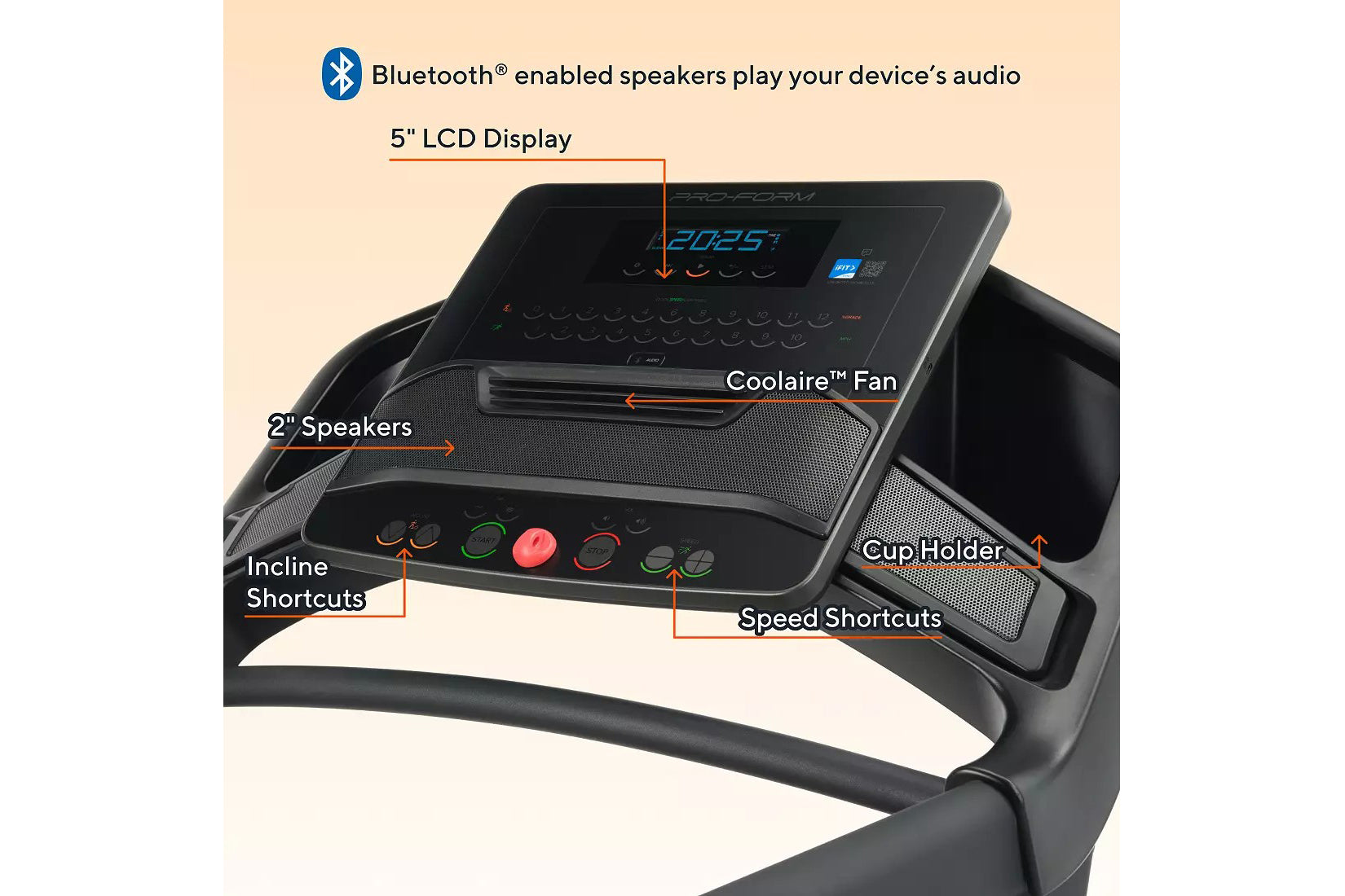 Black treadmill console with 5" LCD display, Bluetooth speakers, Coolaire fan, cup holder, and incline and speed shortcuts, l