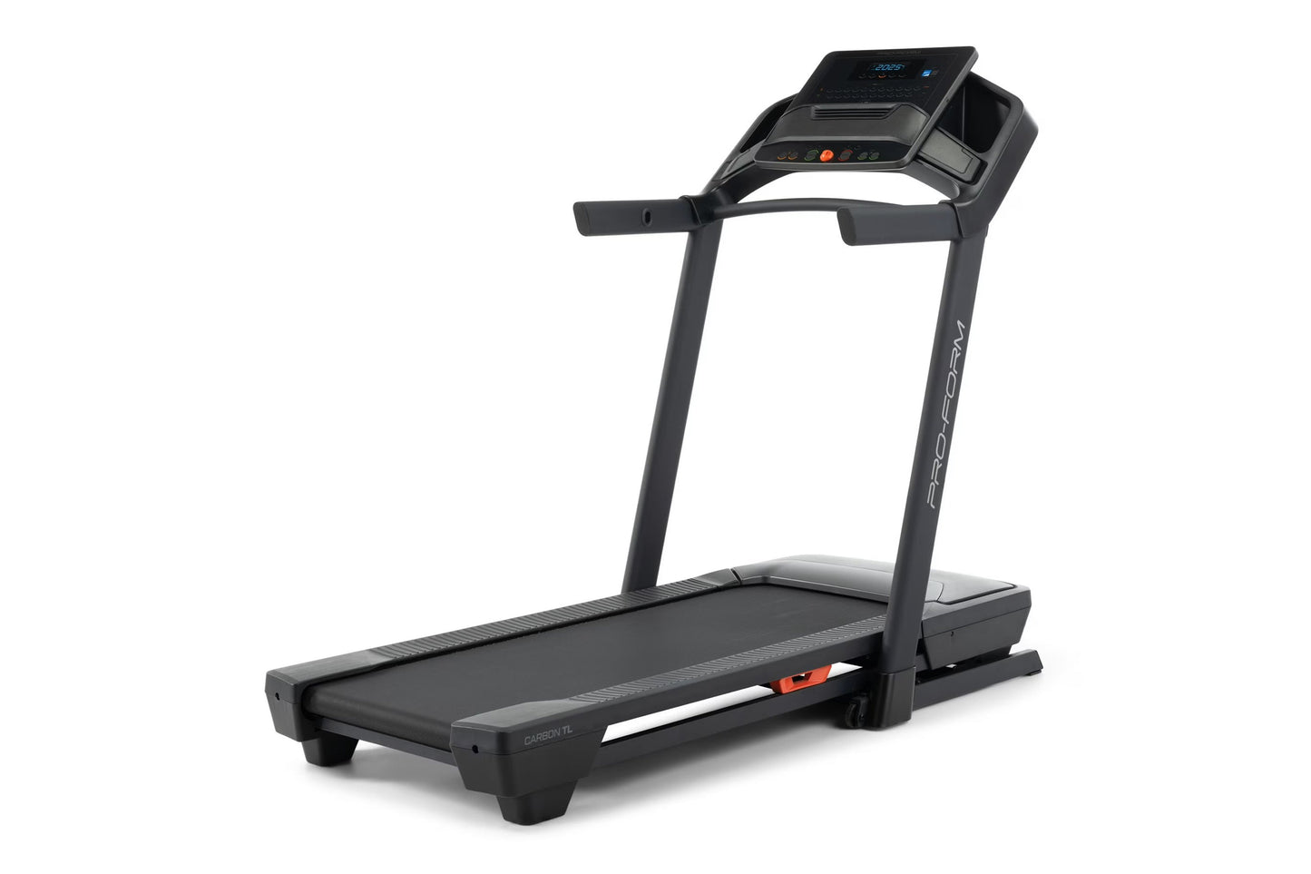 Black ProForm Carbon TLS treadmill with digital console, cushioned running deck, and orange accents on white background