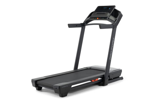 Black ProForm Carbon TLS treadmill with digital console, cushioned running deck, and orange accents on white background