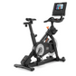 Black and gray NordicTrack S10i stationary exercise bike with adjustable seat, handlebars, and digital display console on whi